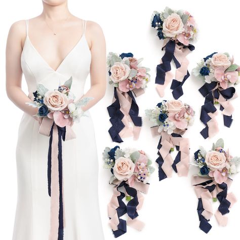 PRICES MAY VARY. Package: Set of 6 bridesmaid bouquets attached with ribbon. Bouquet Size: The bouquet is approx. 7" diameter.l.Each bouquet is attached with a 5ft navy blue chiffon ribbon and a 5ft dusty rose chiffon ribbon. There are a total of 12 ribbons pre-bound on the card. Materials: Made of high-quality silk/foam flowers greenery. Silk Flowers include nude rose, dusty rose phalaenopsis orchid, white ranunculus, white hydrangea ; Foam Flowers include navy blue rose, dusty rose rose, navy Bridesmaid Flowers Simple, Bridesmaids Bouquets, Dusty Rose Wedding Theme, Simple Bridesmaid Bouquets, Artificial Flower Wedding Bouquets, Navy Blue Bouquet, Rose Bridesmaid Bouquet, Iris Wedding, Rose Wedding Theme