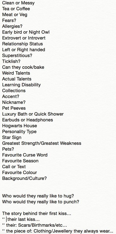 GET TO KNOW YOUR CHARACTER. Some things to ask your character to prevent them being bland/2D Basic Things To Know About Your Character, Things To Draw Your Character Doing, How To Plan Book Characters, Things To Add To Character Design, Physical Features To Give Characters, Places For Characters To Meet, How To Add Drama To A Story, Oc Things To Know, Traits To Add To Characters