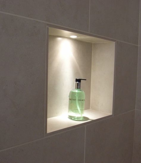 Niche lighting in shower Recessed Shelves Bathroom, Alcove Lighting, Wooden Bathroom Storage, Shower Alcove, Bathroom Recessed Lighting, Bathroom Niche, Recessed Shelves, Shower Lighting, Led Bathroom Lights