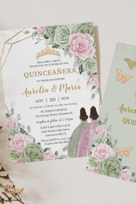 Sage Green Pink Floral Quinceañera Twins Butterfly Invitation!  #birthday #happybirthday #birthdaycards #birthdayparty #floral #elegant #Quinceanera #fiesta Quinceañera Pictures, Princess And The Frog Quince, Quinceanera Pictures, Butterfly Invitation, Pink Gold Birthday, Pink Sweet 16, Quinceanera Themes Dresses, Pink Quince, Butterfly Invitations