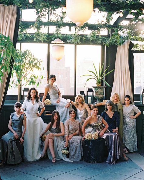 At this New Year's Day wedding, bridesmaids wore dresses in varying shades of blue that matched the bride's vintage Hollywood vision. Metallic Bridesmaid Dresses, Wedding Group Photos, Chic Bridesmaid Dresses, Tiffany Dresses, Spaghetti Strap Bridesmaids Dresses, Martha Weddings, New Years Wedding, Sequin Bridesmaid, Mismatched Bridesmaids