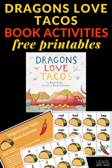 A printable game called Taco, Taco, Salsa (letter identification and cvc word options) are the perfect Dragons Love Tacos activities. #dragonslovetacosactivities #bookactivities #kindergarten #prek #GrowingBookbyBook #learningactivities Dragons Love Tacos Activities, Taco Salsa, Book Themed Activities, Dragons Love Tacos, Taco Taco, Letter Identification, Cvc Word, Printable Game, Book Community