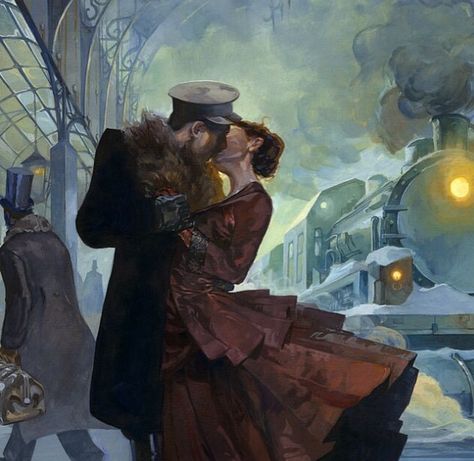 I can't even say how much I love this piece. This is exactly how I want to paint. "Last Train" by Kai Carpenter from deviantart.com Steampunk Tendencies, April Art, Gouache Illustrations, Anna Karenina, 다크 판타지, Steampunk Art, Romantic Art, Gouache Painting, Pics Art