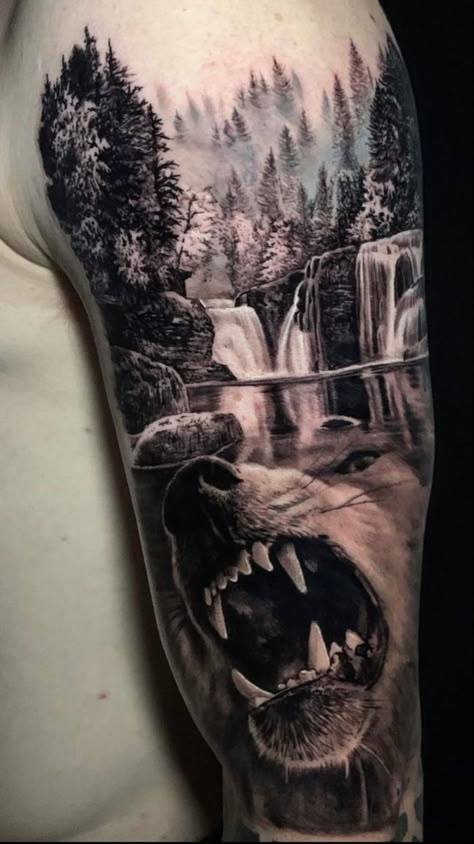 Favorite Waterfall Tattoo, Natur Tattoo Arm, Wilderness Tattoo, Outdoor Tattoo, Wildlife Tattoo, Wolf Tattoos Men, Animal Sleeve Tattoo, Tier Tattoo, Nature Tattoo Sleeve