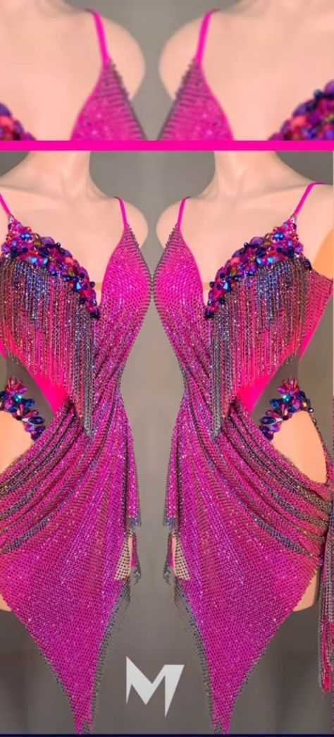 Bachata Costume Latin Dresses, Latin Dance Costume Women, Gold Dance Costumes, Pink Performance Outfit, Latin Dresses Ideas, Latin Dance Dresses For Competition, Salsa Dance Costume, Latino Dress, Ballroom Dress Inspiration