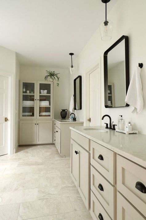 Bathroom With White Walls, White And Beige Bathroom, Beige Bathroom Tile Ideas, Beige Bathroom Tile, Beige And White Bathroom, Complete Bathroom Remodel, Beige Cabinets, Marble Tile Bathroom, Bathroom Cabinets Designs