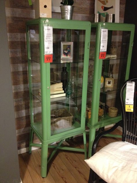 Green retro display cabinet Ikea (available in other colours) Retro Display Cabinet, Green Shelf, Cabinet Ikea, Green Shelves, Retro Display, Retro Cabinet, Green Retro, Display Cabinet, China Cabinet