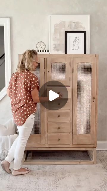 Michelle McRae | “Shelly” Your DIY BFF on Instagram: "Wardrobe makeover DETAILS👇🏽

This vintage wardrobe was in pretty rough shape when I got it. As soon as I saw it, I envisioned Pottery Barn’s Sausalito armoire. I wasn’t sure how it would turn out, but I love it. 

Here’s what I did:✨
After removing the curves that dated it, I stripped it, sanded it, built a base out of 2 x 2s, paint-washed and then glazed it. I replaced the glass with cane, sealed it and here she is!

If you need the steps or supplies, comment “wardrobe” and I’ll send them to you (links earn commissions). 

#oldtonewfurniture #vintagefurnituremakeover #rawwoodfurniture" Wardrobe Makeover Diy, Vintage Wardrobe Makeover, Pottery Instagram, Diy Bff, Raw Wood Furniture, Vintage Furniture Makeover, Wardrobe Makeover, Furniture Flips, Diy Makeover