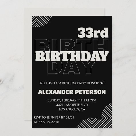 33rd birthday invitation Men Black 65th Birthday Invitations, 10th Birthday Invitation, 13th Birthday Invitations, 90th Birthday Invitations, 70th Birthday Invitations, 54th Birthday, 80th Birthday Invitations, 41st Birthday, 13 Birthday