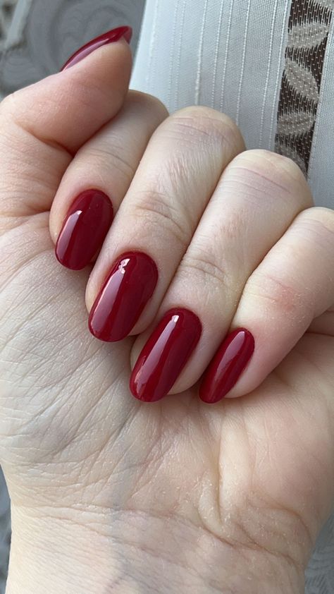 Red Finger Nails, Rounded Red Nails, Warm Red Nails, Nail Zhelish, Scarlet Red Nails, Gel Red Nails, Zhelish Nail, Red Nails Almond Shape, Red Pedicure