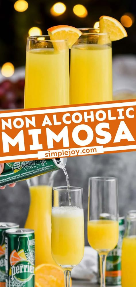 This non-alcoholic drink recipe is perfect for entertaining! 3 ingredients are all you need for this Mimosa Mocktail. Feel free to mix things up to make a refreshing, delicious summer drink for family… Non Alcoholic Mimosa Recipe, Mimosa Mocktail, Non Alcoholic Mimosa, Yummy Summer Drinks, Easy Mocktail Recipes, Nonalcoholic Drinks, Mocktail Drinks, Mojito Mocktail, Mimosa Recipe