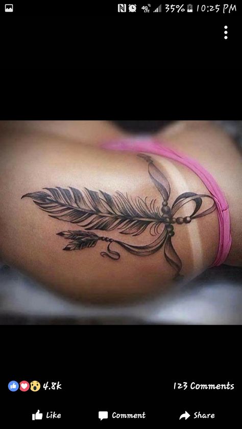 Feather Hip Tattoos, A Feather Tattoo, Tattoo Feather, Indian Feather Tattoos, Tattoos To Cover Scars, Hip Thigh Tattoos, Tattoo Thigh, Feather Tattoo Design, Hip Tattoos Women