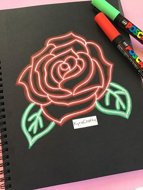 This is my drawing of a rose with neon effect. I used posca pens and prismacolor pencils for this drawing. Check out the link to watch me draw it. Posca Pens Art Neon, Simple Posca Pen Drawings, Things To Draw With Posca Pens Easy, Things To Draw With Paint Pens, Neon Marker Art, How To Draw Neon, Neon Drawing Ideas, Posca Pens Art Simple, Drawing With Highlighter