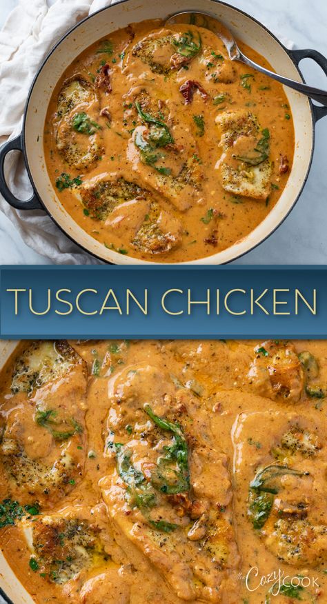 Chicken in a sauce with spinach and sundried tomatoes Chicken Date Night Recipes, Fun Date Night Dinner Recipes, Creamy Tuscan Chicken Recipe, Tuscan Chicken Recipe, Awesome Chicken, Chicken Broccoli Pasta, Creamy Tuscan Chicken, Cozy Cook, Easy Skillet Meals