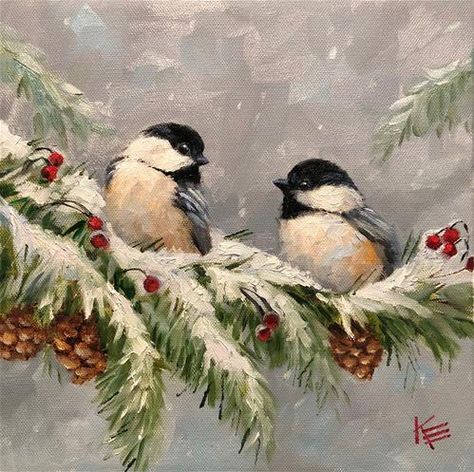 Chickadee Art, Christmas Card Art, Winter Painting, Christmas Bird, Simple Acrylic Paintings, Christmas Canvas, Winter Art, Paint By Numbers, Beginner Painting