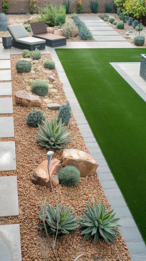 Grass Free Backyard Landscaping, Fake Grass Garden Ideas, Backyard Grass Ideas, Front Yard Sitting Area Ideas, Plant Ground Cover, Xeriscape Backyard, Pretty Backyard, Mobile Home Diy, Backyard Sitting Areas