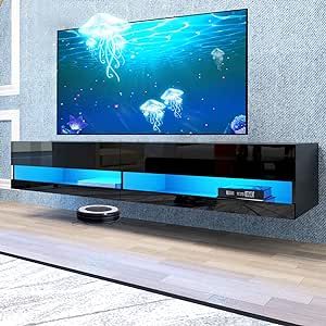 Floating TV Stand Wall Mounted with LED Lights, Modern Floating Entertainment Center for 80 Inch TV, High Gloss Floating TV Shelf with Storage Cabinet for Living Room, Bedroom, Black Wall Tv Stand, Floating Tv Shelf, Floating Entertainment Center, Television Stands, Tv Shelf, Floating Tv Stand, Console Storage, Living Room Cabinets, Tv Wall