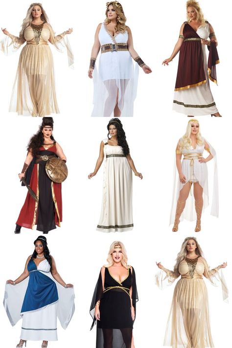 Graphic showing 8 different plus size goddess costumes, including greek and roman goddesses, goddess in black dress, etc. Goddess Costume Ideas, Plus Size Witch, Goddess Costumes, Epic Halloween Party, Halloween Costume 2022, Goddess Halloween Costume, Plus Size Goddess, Goddess Halloween, Plus Size Halloween Costumes