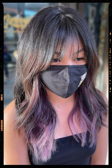 Deep Purple Peekaboo Hair, Purple Underneath Hair, Haircut Wolfcut, Under Hair Color, Hair Dyed Underneath, Purple Brown Hair, Purple Ombre Hair, Dyed Hair Purple, Wolf Haircut