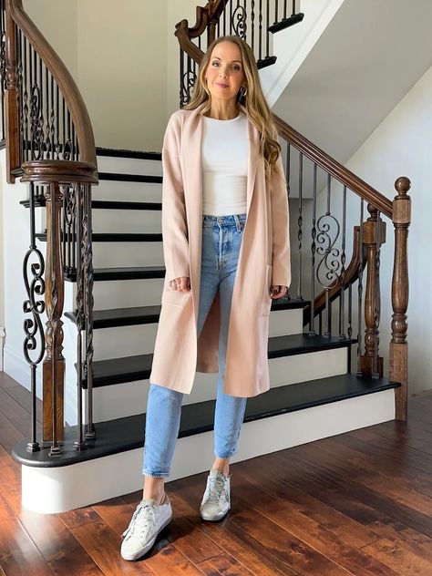 Cute Coatigan Outfits (4 Ways to Wear It) - Merrick's Art Beige Coatigan Outfit, How To Style A Coatigan, How To Wear A Coatigan, Grey Coatigan Outfit, Tan Coatigan Outfit, Camel Cardigan Outfit, Unpolished Casual, Coatigan Outfit, Master List