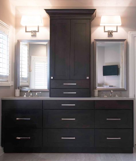 dark-wood-vanity-with-center-tower Dark Wood Bathroom Vanity, Dark Wood Bathroom, Wood Bathroom Vanity, Master Bath Remodel, Before After Photo, Grand Homes, Wood Vanity, Wood Bathroom, After Photos