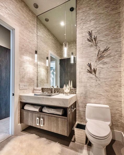 Susan Semmelmann Interiors on Instagram: “Lighting is everything! It sets the mood no matter what time a day. This guest bath has the led lights under the floating vanity along with…” Large Half Bath, Bathroom Pendants, Dream Bathroom Ideas, Matt Rife, New House Bathroom, House Bathrooms, Bathroom Pendant, Statement Chandeliers, Quirky Decor