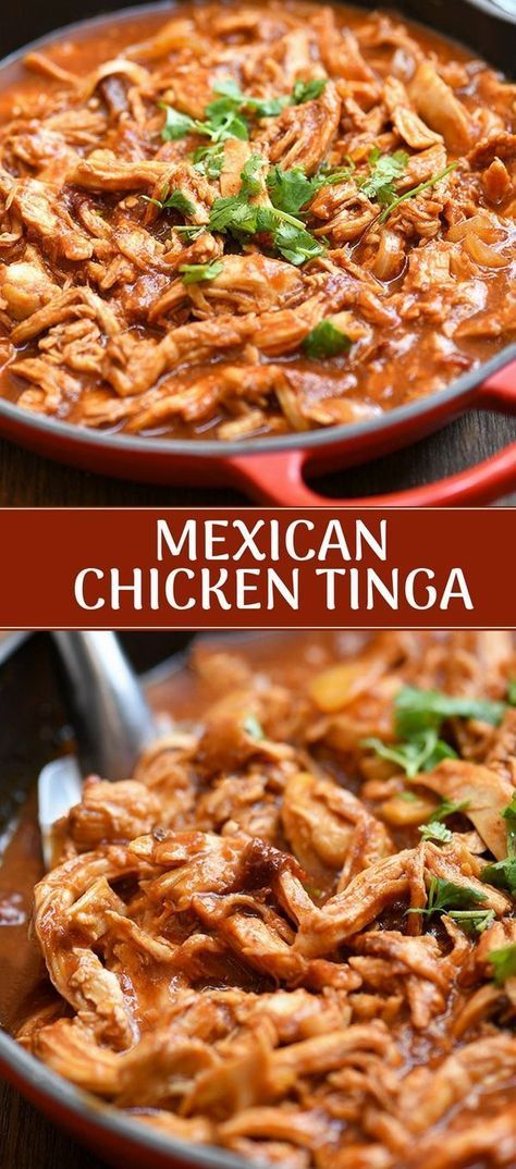 Chicken Tinga made with shredded chicken, tomatoes, and chipotle chilis in adobo. Hearty and boldly flavored, this Mexican dish is perfect for tacos, burritos, tostadas, or as a main dish with rice and beans. #mexicanfood #chicken #chipotlepeppers #easyrecipe #weeknightdinner #tacos Mexican Chicken Adobo Recipe, Mexican Meat Recipes, Chicken Tostadas Mexican, Mexican Lunch Ideas, Mexican Food Chicken, Mexican Tinga, Mexican Chicken Tinga, Tinga Chicken, Tinga Recipe