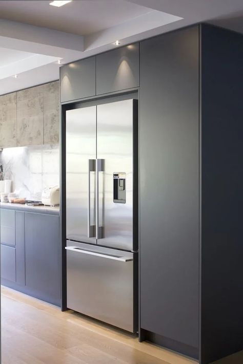 Kitchen With No Fridge, Modern Fridge Freezer, Modern Kitchen Fridge Cabinet, Appliance Cabinet Next To Fridge, Refrigerator In Dining Room, Modern Kitchen Refrigerator, Fridge In Living Room, Fridge Freezer In Kitchen, Kitchen Fridge Wall