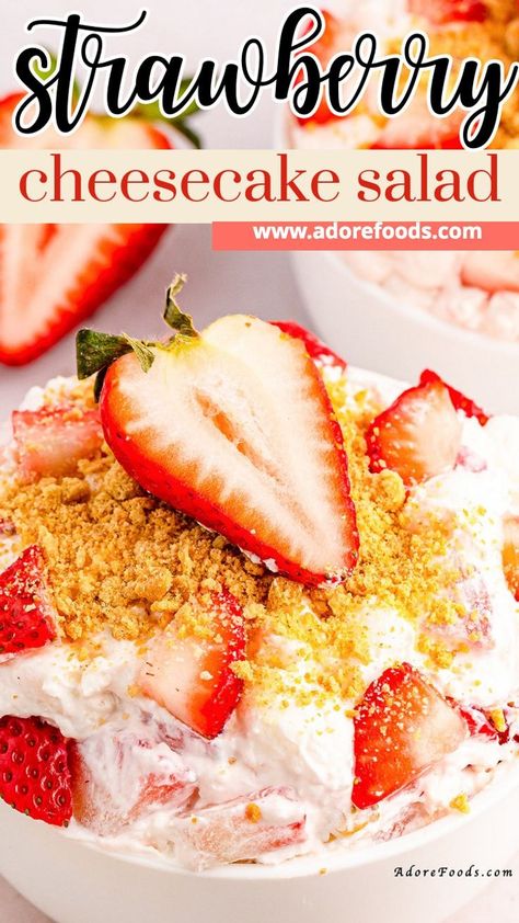 Looking for a crowd-pleasing strawberry dessert? This strawberry fluff salad will steal the show! Made with fluffy Cool Whip, tangy cream cheese, and juicy strawberries, it's a dreamy combination of flavors and textures. Try this refreshing treat today! Strawberry Fluff Salad Cool Whip, Deserts With Strawberries, Strawberry Cheesecake Fluff, Cheesecake Fluff Salad, Easy Strawberry Salad, Strawberry Fluff Salad, Recipes Using Cream Cheese, Strawberry Cheesecake Salad, Cheesecake Fluff