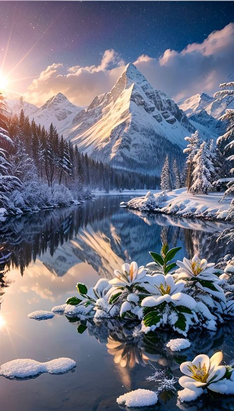 Wallpaper Art Icy Mountains Aesthetic, Snowy Mountains Aesthetic, Mountain With Snow, Icy Mountains, Sunset Snow, Snow Wallpaper, Snow Nature, Beautiful Winter Scenes, Mountains Aesthetic