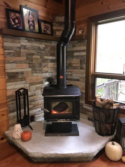 Corner Woodstove Surrounds, Woodshop Design, Wood Burning Stove Corner, Corner Wood Stove, Wood Stove Surround, Stove Ideas, Wood Stove Fireplace, Basement Reno, Kitchen Wood