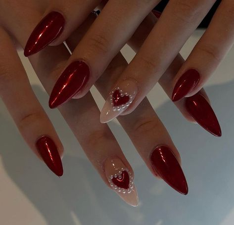 Red Chrome Heart Nails Bling Nails / Handmade Press on Nails / Casual Nails / Faux Nails / Salon Quality Nails at Home - Etsy Cherry Wine Nails, Wine Nails, Vday Nails, Cherry Nails, Girly Acrylic, Casual Nails, Makijaż Smokey Eye, Girly Acrylic Nails, Valentines Day Nails