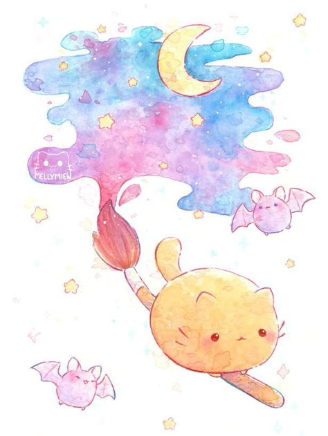 Magic Night, Cute Kawaii Animals, 카드 디자인, Cute Animal Drawings Kawaii, Cute Kawaii Drawings, Kawaii Animals, Dessin Adorable, Cute Little Drawings, Water Colors