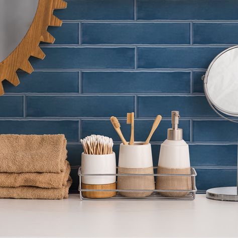 Merola Tile Castillo 3" x 12" Ceramic Subway Wall Tile | Wayfair Blue Tile Kitchen Backsplash, Blue Subway Tile Kitchen, Blue Kitchen Backsplash, Blue Tile Backsplash Kitchen, Blue Backsplash Kitchen, Adu Ideas, Blue Kitchen Tiles, Kitchen Open Shelves, Blue Subway Tile