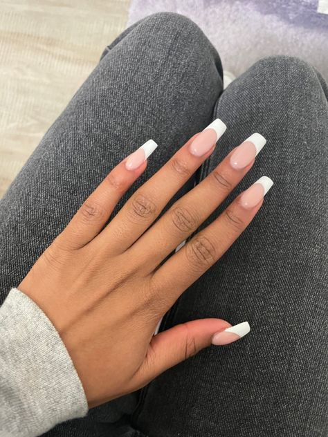 Full Set White Tip Nails, Coffin Nail Frenchies, Coffin White French Tip, Thick French Tip, French Tip Long Nails, French Tip Coffin Nails, Long French Tip Nails, White French Nails, White Tip Nails