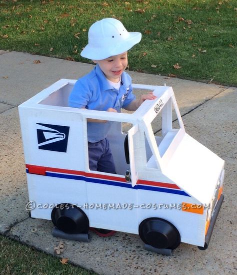 This mail delivery truck costume was inspired by my two year old son who is obsessed with the mailman. We live in the same neighborhood as both sets of his Mail Truck Costume, Monster Truck Halloween Costume, Truck Halloween Costume, Wagon Floats, Truck Costume, Grave Digger Monster Truck, Car Costume, Cardboard Box Car, Diy Mail