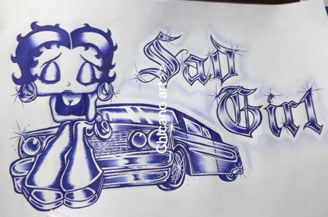 Betty Boop Lowrider, Betty Boop Drawing Chicano, Prison Dad Art Style, Betty Boop Chicano Art, Chicano Betty Boop, Cholo Love Drawings, Low Rider Drawing, Low Riders Drawings, Chicano Pen Art