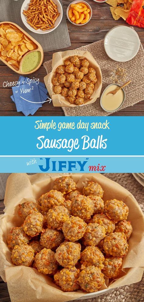 Prepare for victory with delicious Sausage Balls made with “JIFFY” Baking Mix. Crowd pleasing snacks are simple with "JIFFY". Sausage Balls With Jiffy, Homemade Jiffy Baking Mix Recipe, Jiffy Mix Recipes, Jiffy Recipes, Jiffy Cornbread Recipes, Bbq Pulled Pork Slow Cooker, Sausage Cornbread Stuffing, Baking Mix Recipes, Sausage Balls Recipe