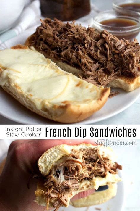 French Dip Sandwiches {Instant Pot or Slow Cooker} - Stay Fit Mom Manly Sandwiches, Stay Fit Mom, Iifym Recipes, French Dip Sandwiches, Dip Sandwiches, French Dip Sandwich, Macro Friendly Recipes, Photo Food, French Dip