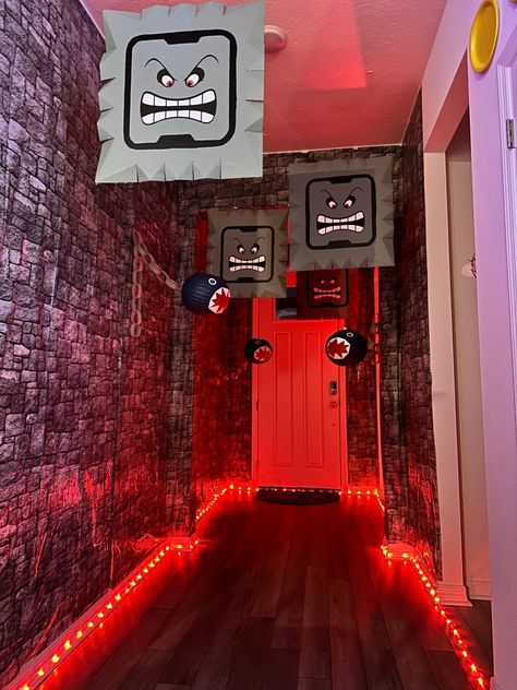 Bowser Birthday Party Decorations, Bowsers Castle Decoration, Bowser Trunk Or Treat Ideas, Mario Brothers Halloween Decorations, Mario Hallway Decorations, Bowser Castle Decoration, Mario Halloween Party, Mario Castle Diy, Super Mario Halloween Decorations