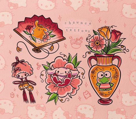 Sanrio Flash Tattoo, American Traditional Sanrio, Tattoo Designs Y2k, Shawnee Tattoo, Keroppi Tattoo, Hello Kitty Traditional Tattoo, Kawaii Tattoo Flash, Sanrio Tattoo Design, Sanrio Traditional Tattoo