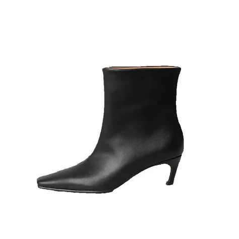 Elevate your footwear collection with our sleek, black leather ankle boots, designed for those who appreciate timeless style combined with modern comfort. Expertly crafted from premium leather, these boots offer sophistication with their minimalist silhouette and pointed toe, making them a versatile choice for any wardrobe. The smooth finish adds an elegant touch, ensuring you can transition effortlessly from a day at the office to an evening out.Featuring a modest, sculpted heel, these ankle boots provide just the right amount of lift to accentuate your posture without compromising comfort. The side zipper closure allows for easy wear, while the padded insole ensures cushioning with every step. Whether paired with tailored trousers, chic skirts, or casual jeans, these boots offer a stylis