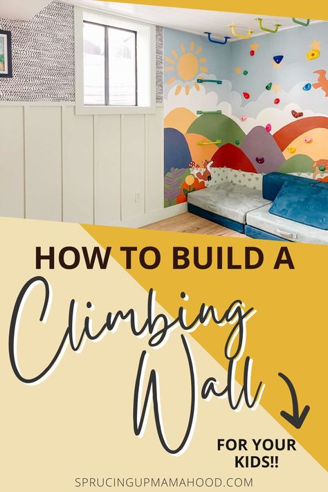 Bring creativity and adventure into your playroom with this DIY climbing wall and colorful mural! Our detailed step-by-step guide makes it easy to build a fun and safe climbing wall for your kids. Enhance your playroom with vibrant colors and interactive elements that toddlers will love. Learn how to create an exciting indoor play space that encourages physical activity and imaginative play. Toddler Climbing Wall, Kids Climbing Wall, Indoor Play Space, Kids Rock Climbing, Diy Climbing Wall, Climbing Wall Kids, Kids Bedroom Furniture Design, Playroom Mural, Indoor Climbing Wall