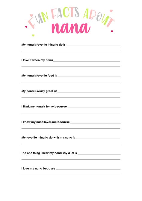 A printable questionnaire for Mother's Day for kids to fill out alone or with the help of an adult. Fun Facts About Nana Free Printable All About Grandma, All About My Grandma, Grandma Printable, Grandma Journal, Grandparents Day Crafts, Happy Birthday Grandma, Grandmas Mothers Day Gifts, Kids Schedule, Mothers Day Crafts For Kids