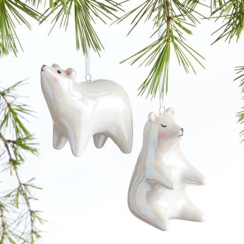 Iridescent Ceramic Polar Bear Ornaments Set Of 2 - World Market Polar Bear Christmas Decorations, Iridescent Ceramic, Bear Ornaments, Woodland Christmas Tree, Bear Ceramic, Polar Bear Ornaments, Pottery Ornaments, Polar Bear Christmas, Noel Diy