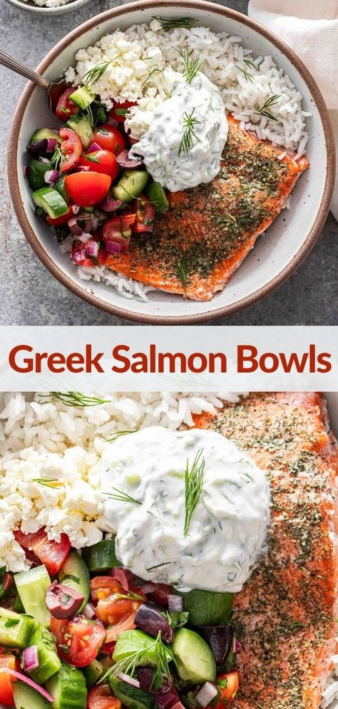 Greek Salad Feta, Salmon Greek, Greek Salmon, Salad Feta, Rice Bowls Healthy, Seasoned Salmon, Salmon Bowls, Mediterranean Salmon, Salmon Salad Recipes