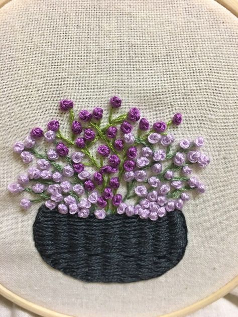 Embroidery Flowers French Knot, Flower Basket Embroidery Design, Embroidery Basket Of Flowers, Frenchnot Embroidery Design, French Knot Stitch Embroidery Designs, French Knot Flower Embroidery Designs, French Knots Embroidery Designs, Overcasting Stitch Embroidery Designs, Basket Stitch Embroidery