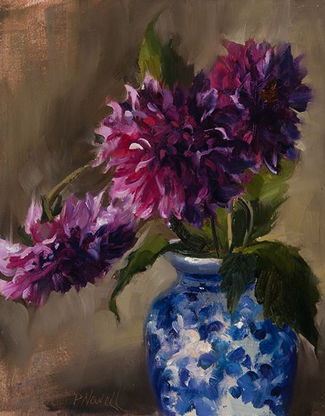 Burgundy Dahlias by Pamela C. Newell, Oil, 10 x 8 Dalia Flower, Burgundy Dahlia, Asian Vases, Floral Still Life, Flower Sketches, Beginner Painting, Folk Art Painting, Flowers Art, Pastel Art