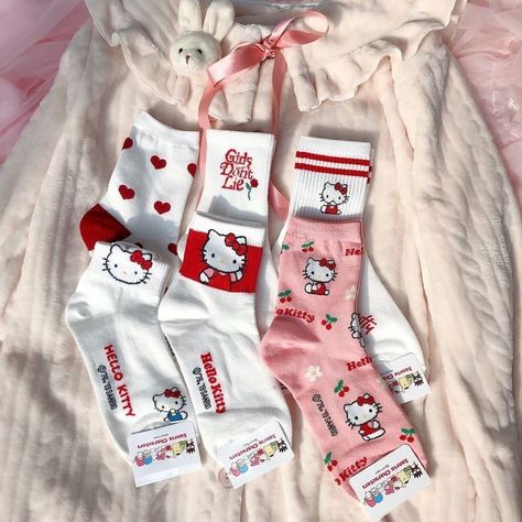 High Hello Kitty, Japanese Hello Kitty, Hello Kitty Socks, Sanrio Clothes, Cartoon Socks, Images Hello Kitty, Cottagecore Clothes, Kitty Clothes, Hello Kitty Clothes