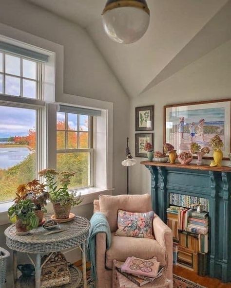 Maine House Aesthetic, Cottage Homes Interior Living Rooms, Colorful Cottage Interiors, Fantasy Cottage Interior, Maine Cottage Interiors, New England Home Decor, Coastal Cottagecore, New England Cottage, Colorful Cottage